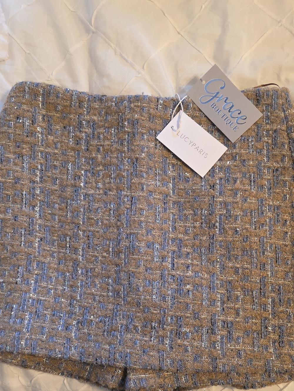 Lucy Paris Blue and Tan Tweed Mini Skirt